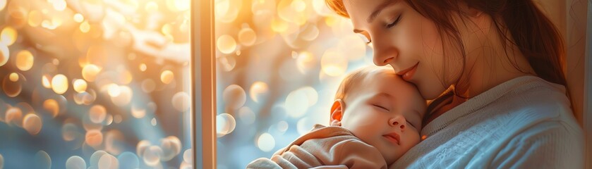 Fototapeta premium Mother holds sleeping baby by window, twilight, serene, profile view, dreamy illustration