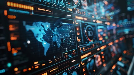 Fototapeta premium Futuristic data interface displaying world map and digital metrics, ideal for tech, analytics, and global communication themes.