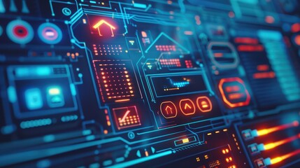 Fototapeta premium Futuristic digital interface showcasing vibrant data visualizations and interactive elements in a modern tech environment.