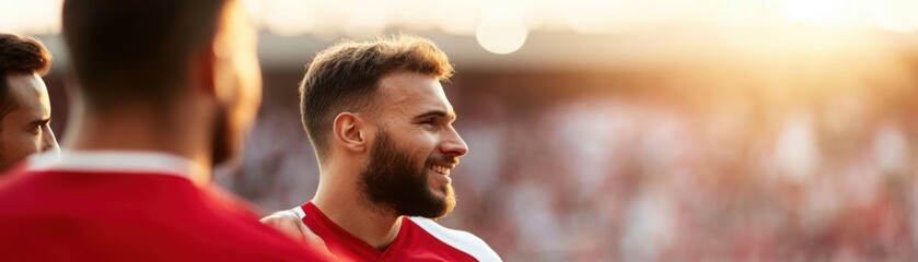 Fototapeta premium Soccer player being helped off the field after a collision, teammates showing concern, [sport injury + accident]