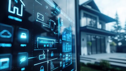 Fototapeta premium Futuristic smart home interface with digital controls, showcasing advanced technology and modern living concepts.