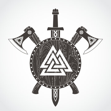 viking arms set shield axe and sword heraldry logo with valknut