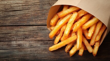 Crispy golden french fries spilling out of a paper bag onto a rustic wooden table.