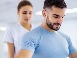 Fototapeta premium Physiotherapist helping an athlete with rehabilitation exercises, focus on restoring mobility, clinical setting,