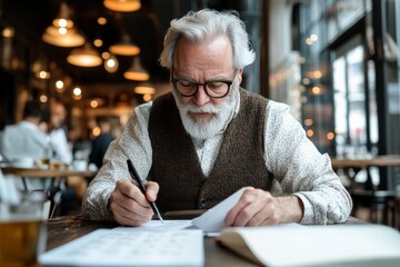 An elderly man with white hair and beard, wearing a vest and glasses, writes attentively at a rustic café table with papers and a drink, in a warm ambiance.