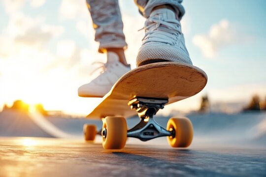 A close-up shot featuring a person performing a skateboard trick at a skatepark during sunset, capturing the dynamic movement and energy of the scene.