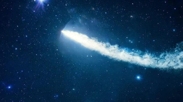Brilliant comet streaking across a starry night sky.