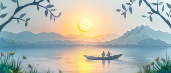 Serene sunset over calm water, featuring a boat with two figures, surrounded by mountains and lush greenery.