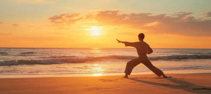 Sunrise Tai Chi Practice on Tranquil Beach for Mindfulness and Stress Reduction