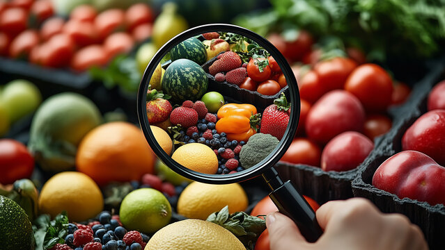 Close-up of a magnifying lens held by a hand, focusing on fresh fruits in the backdrop. For quality inspection, food safety, and freshness concepts.