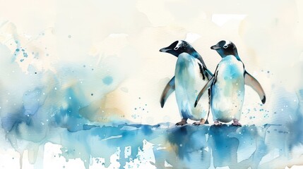 Obraz premium Two adorable penguins stand together in a beautiful watercolor style, surrounded by soft blue and beige hues that evoke tranquility.