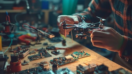 DIY Drone Assembly on a Workbench Filled with Electronic Parts and Tools for Hobby Engineering