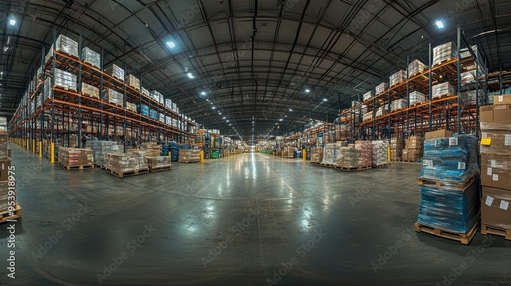 Poster an empty aisle in a large warehouse with pallets of goods