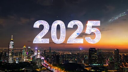 The numbers "2025" float majestically over a bustling city skyline at sunset, creating a vibrant New Year celebration scene. - Powered by Adobe