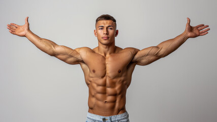 Muscular dancer man posing gracefully, emphasizing his defined physique. Natural lighting, white background. Concept of fitness, strength, health.