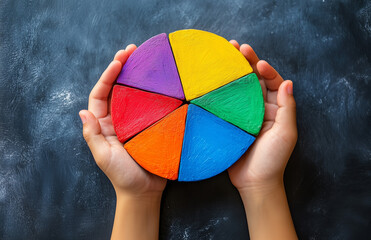 kids hands holding Сolorful math fractions on the black background. interesting math for kids. Education, back to school concept. Geometry and mathematics materials