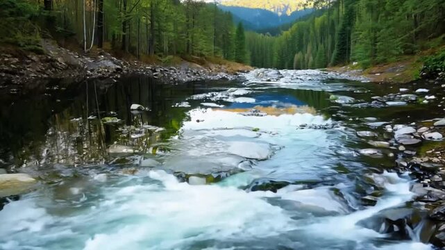 Vibrant forest river flowing through a lush, green landscape with snow patches and pine trees.