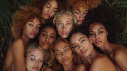 Obraz premium A striking portrait of diverse women with various skin tones and hair types embracing each other amidst lush greenery, conveying unity, beauty, and natural diversitydiversity