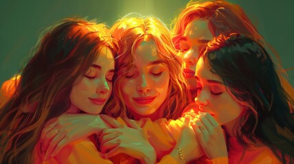 Naklejka premium Four Women Embracing in a Warm and Intimate Group Hug, Illuminated by Soft Light, Depicting Friendship, Unity, and Emotional Supportfriendship