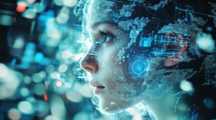 Woman's Face Intertwined with a Digital World Map and Data