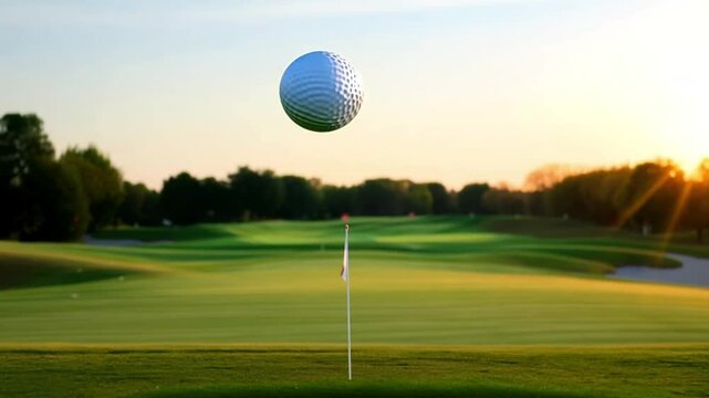 Golf ball in mid-flight approaching the hole on a beautiful sunset-lit course.