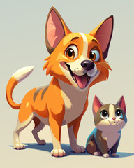 Obraz premium Adorable cat and dog friendship smiling, funny and fluffy kitten and puppy sitting together mascot. Cute cat and dog flat illustration cartoon.