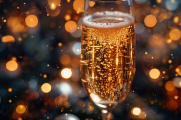 Elegant champagne flute with golden sparkling wine, festive bokeh lights background, celebratory and holiday atmosphere