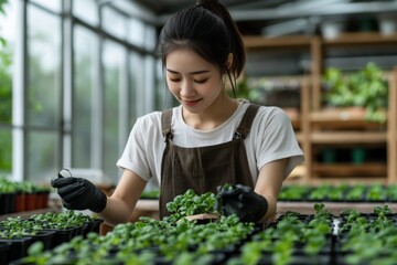 A woman is seen carefully nurturing green plants inside a greenhouse, symbolizing growth, care, and a love for nature, within a lush and serene indoor garden setup.