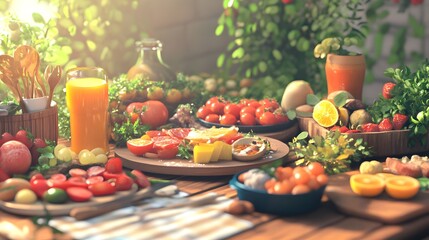 A vibrant brunch spot with 3D-rendered dishes showcasing fresh market produce