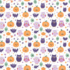 Seamless Halloween pattern featuring cute owls, pumpkins, bats, and stars on a white background