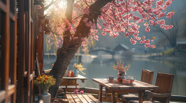 A cozy outdoor cafe terrace surrounded by a spring landscape. Warm sunlight filters through the cherry blossom trees. The rustic wooden set includes a counter with coffee cups, a vintage coffee maker.
