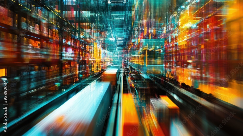 Poster abstract representation of a fast-moving conveyor belt in a warehouse
