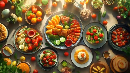 A vibrant brunch spot with 3D-rendered dishes showcasing fresh market produce