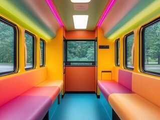 A futuristic school bus with sensory-friendly environments, AI monitoring systems, and adaptive seating designed for students with special needs