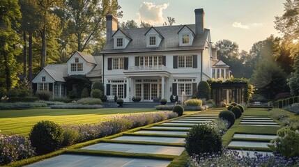 Obraz premium White house shingle style luxury with landscaping front exterior. Generative AI.