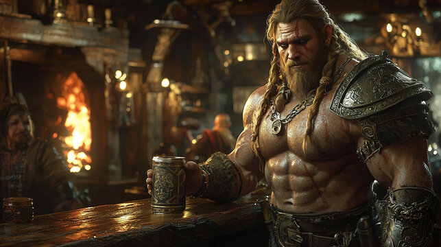 muscular male dwarf warrior with braided hair holding a tankard in a dimly lit tavern with a fierce expression