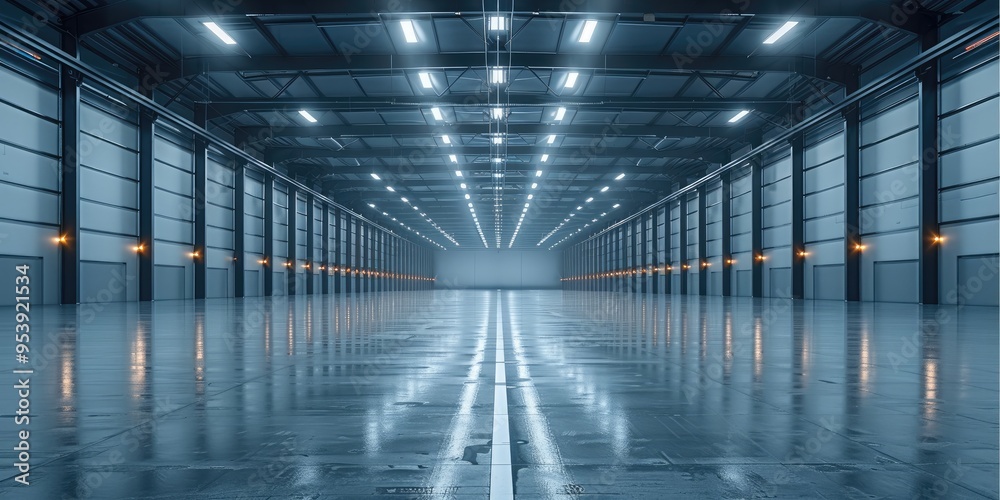 Aufkleber a vast, empty industrial warehouse with a high ceiling and numerous bright overhead lights, creating