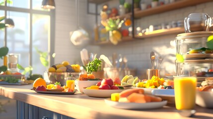 A fresh vibrant brunch scene with 3D-rendered dishes made from local market ingredients