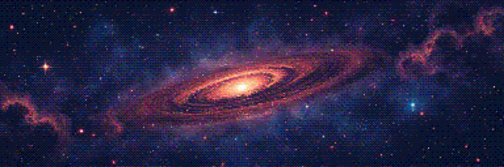 Pixelated amazing huge spiral galaxy and glowing stars in universe. Panoramic deep space scene background in vintage pixelart style with dithering effect for 8-bit retro videogame. Vector illustration