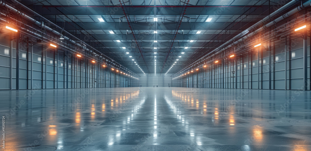 Poster a vast, empty industrial warehouse with a high ceiling and numerous bright overhead lights, creating