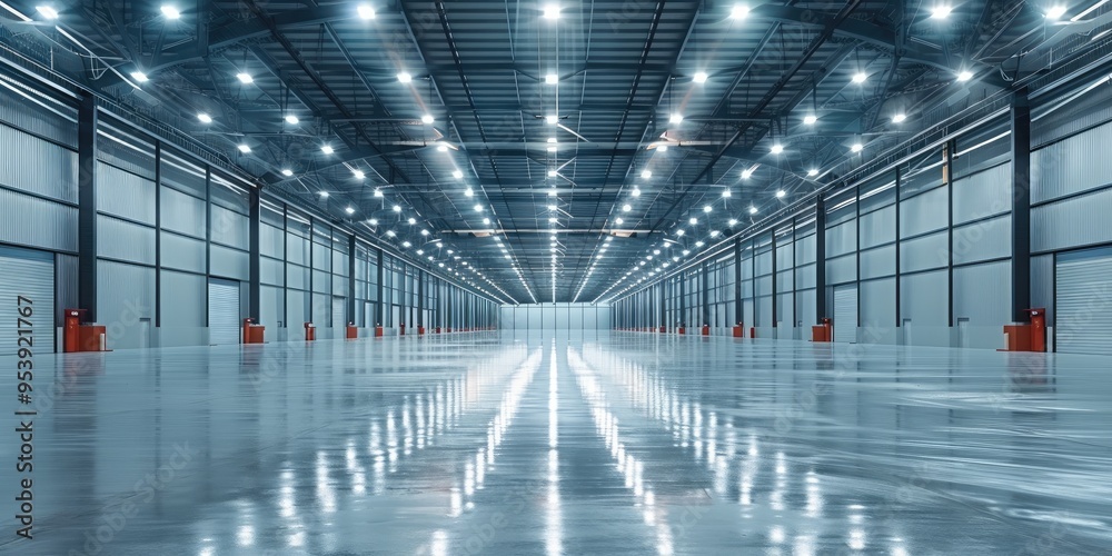 Poster a vast, empty industrial warehouse with a high ceiling and numerous bright overhead lights, creating