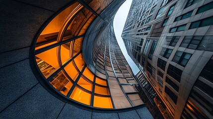 Obraz premium Curved Glass Facade Reflecting Opposite Building at Sunset