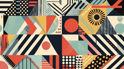 Obraz premium A vibrant geometric pattern featuring various shapes, colors, and textures, ideal for graphic design or artistic projects.