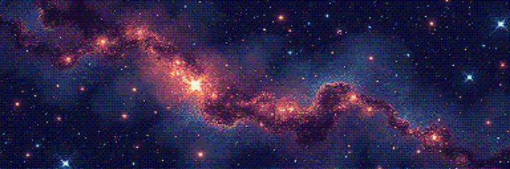 Pixelated amazing huge nebula and glowing stars in universe. Panoramic deep space scene background in vintage pixel art style with dithering effect for 8-bit retro videogame. Vector illustration