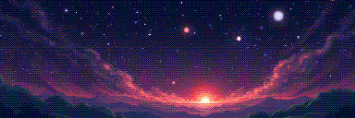 Pixelated beautiful sunset on alien planet horizon in universe. Panoramic deep space scene background in vintage pixel art style with dithering effect for 8-bit retro video game. Vector illustration