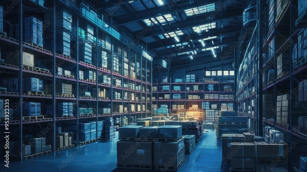 Poster rows of pallets and boxes in a large warehouse