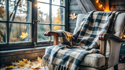 Cozy Armchair with Plaid Blanket by Window in Autumn