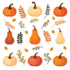 Autumn set pumpkins and leaves flat hand drawn design isolated on white background