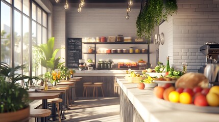 A bright brunch spot with 3D-rendered fresh fruits vegetables and weekly changing menu