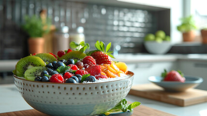 Fresh fruit bowl on a kitchen counter with vibrant seasonal fruits displayed